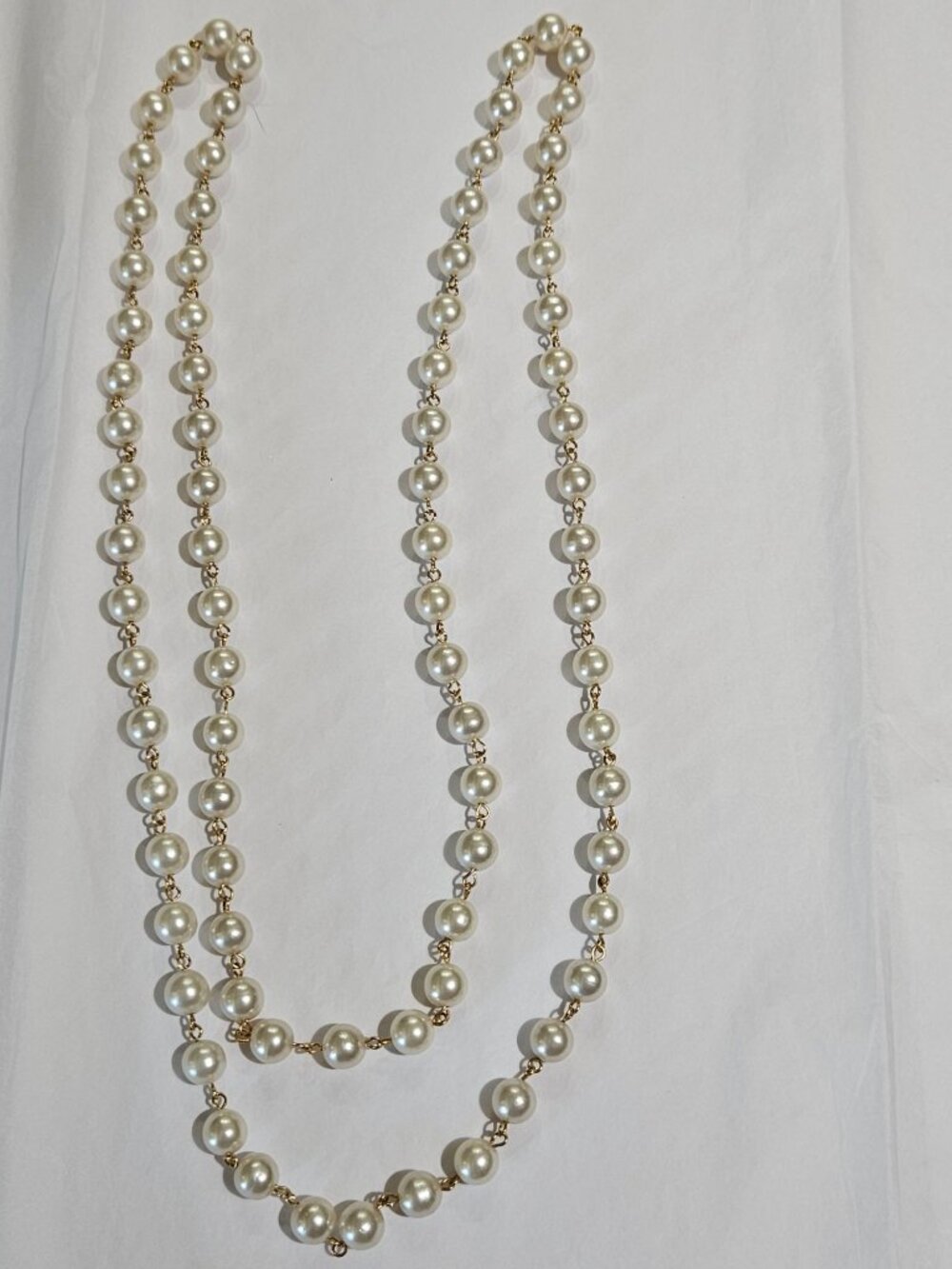 Glass Faux Pearl Beaded Goldtone Chain Necklace No Clasp 45 inches Long